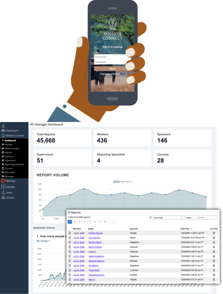 A hand holding a phone running the Mission Connect app